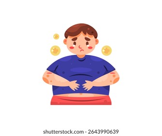 illustration of a boy who looks sad because he has a fat body. overweight or obesity. not confident because he is fat. big body. facial expression and gesture. flat style character design