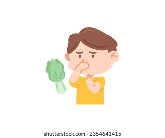 illustration of a boy who refuses to eat vegetables. don't like and don't want to eat vegetables. the boy covered his mouth with his hand. eat and vegetables. funny and cute characters. vector element