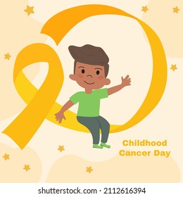 Illustration Of A Boy Who Sits On A Yellow Ribbon In Support Of Childhood Cancer