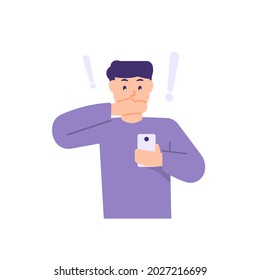 illustration of a boy who is surprised when he sees something on his smartphone. get online gifts or surprises. expression of surprise or disbelief. flat cartoon style. vector design