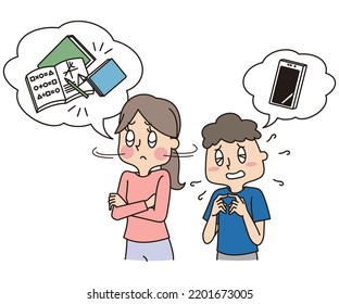 It is an illustration of a boy who wants a smartphone and a mother who wants to study.