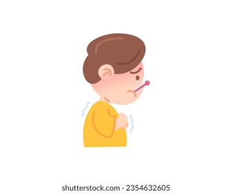 illustration of a boy whose body is shivering. not feeling well and feverish. health problems. fever, body feels hot and cold. use a thermometer. funny and cute characters. vector element design