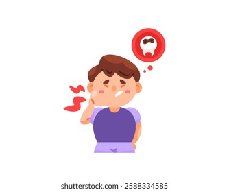 illustration of a boy whose cheek is swollen due to toothache. cavities. dental health conditions and problems. holding cheek and in pain. expression and gesture. flat style character design. elements