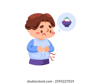 illustration of a boy whose stomach is rumbling. face looks gloomy or sad because he feels very hungry and wants to eat. want to eat rice. stomach problems and food. flat style character illustration