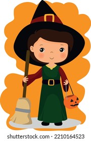 Illustration of a boy with a witch costume, a boy dressed as a wizard, brown hair, mestizo, halloween, sorcerer, with a pumpkin and a broom, funny
