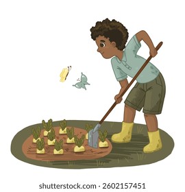 Illustration of a boy working in a vegetable patch with butterflies around.