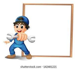 Illustration of a boy with a wrench in front of the empty wooden board on a white background