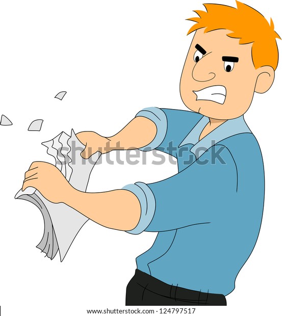 Illustration of a
boy writer tearing pieces of
paper
