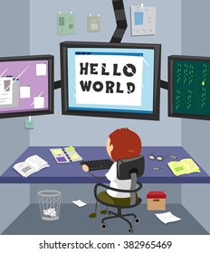 Illustration of a Boy Writing Codes in His Room