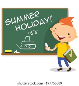 illustration of a boy writing on blackboard "summer holiday"