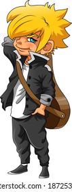The illustration of the boy with the yellow hair and using the black jacket for anime inspiration