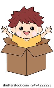 Illustration of a boy in a yellow shirt, in a moving cardboard box, looking cheerful.