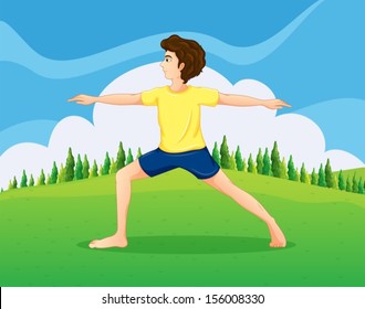 Illustration of a boy with a yellow t-shirt doing yoga near the pine trees