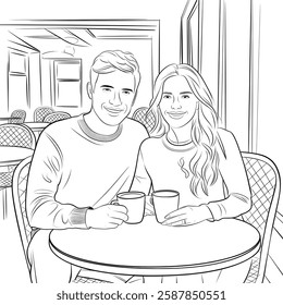 Illustration of a boyfriend and girlfriend sitting together at a café, enjoying coffee. The scene is designed in a vector style with clean, smooth lines for a coloring page.