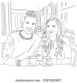 Illustration of a boyfriend and girlfriend sitting together at a café, enjoying coffee. The scene is designed in a vector style with clean, smooth lines for a coloring page.