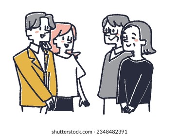 Illustration of a boyfriend greeting her parents
