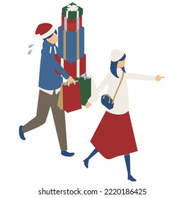 It is an illustration of a boyfriend who has a lot of luggage on a Christmas date and a girlfriend who seems to be having fun.