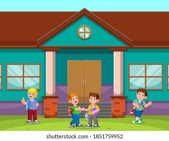 The illustration of boys back to school and talking in front of the school