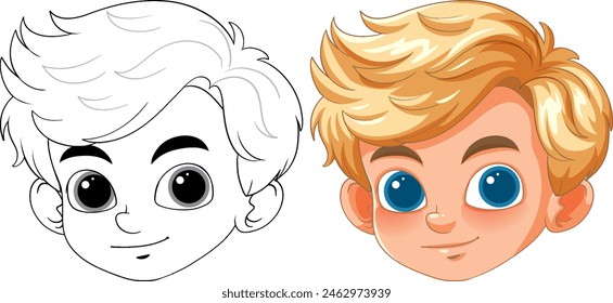 Illustration of a boy's face, black and white to color