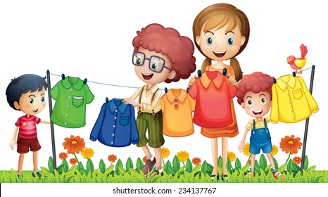 Illustration of boys and girl doing laundry