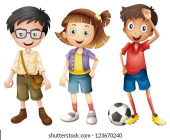 Illustration of boys and a girl standing on a white background