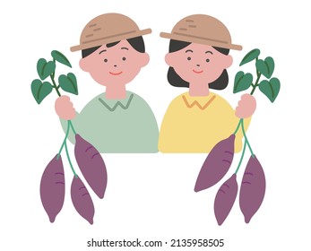 Illustration of boys and girls digging sweet potatoes