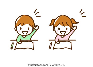 Illustration of boys and girls happily raising their hands