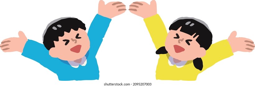 Illustration of boys and girls rejoicing with both hands raised