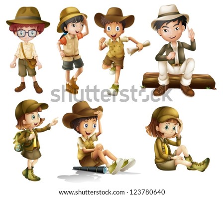 Illustration of boys and girls in safari costume on a white background