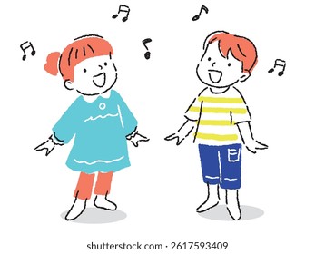 Illustration of boys and girls singing happily and energetically, hand-drawn style
