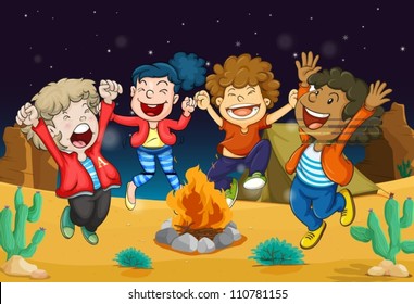 illustration of boys near fire in dark night