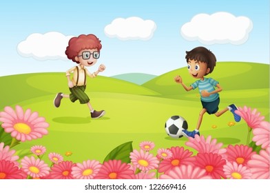 Illustration of boy's playing football in a beautiful nature