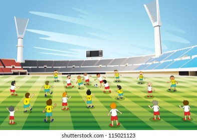 illustration of boys playing football in a stadium