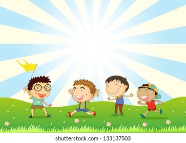 Illustration of the boys playing in the hill