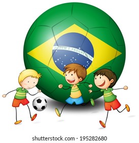 Illustration of the boys playing soccer with the flag of Brazil on a white background