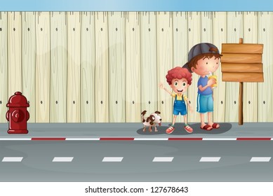 Illustration of boys with their pets in the street