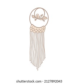 Illustration of braided macrame in flat hand-drawn style. Wall macrame in boho style with pom-poms. Decor in Scandinavian style. Isolated on white background wicker macrame in pastel colors