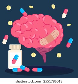 Ilustração de um cérebro com uma bandagem cercada por pílulas e uma garrafa de medicamento, simbolizando a saúde, recuperação e tratamento do cérebro.