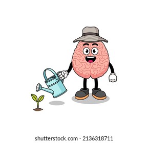 Illustration of brain cartoon watering the plant , character design