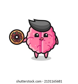 illustration of an brain character eating a doughnut , cute style design for t shirt, sticker, logo element