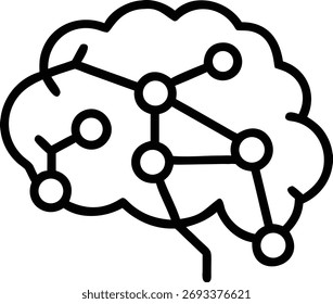 Una ilustración de un cerebro con nodos conectados, que representa una red neuronal y el procesamiento de datos. El diseño es limpio y moderno, aislado sobre fondo blanco.