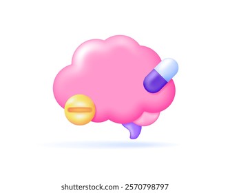 illustration of a brain with drugs. concept of vitamins or supplements for brain or memory. health and medicine. nutrition, treatment, and medical. icon or symbol. minimalist 3d style design. element