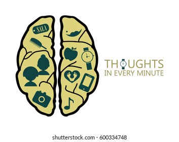 Illustration of brain with icons and convolutions. The idea for the advertising support.