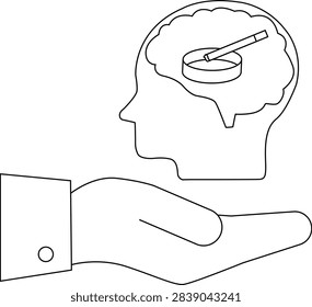 Illustration of a brain inside a head with a cigarette in an ashtray, held in a hand, symbolizing addiction or smoking cessation.