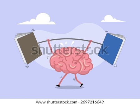 An illustration of a brain lifting a barbell made of books, symbolizing mental strength and knowledge. The image conveys the idea of exercising the mind through education reading