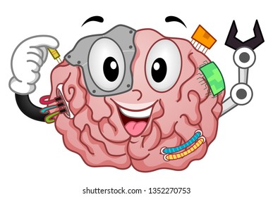 Illustration of a Brain Mascot Cyborg with Chips, Wires, Metal  and Screws