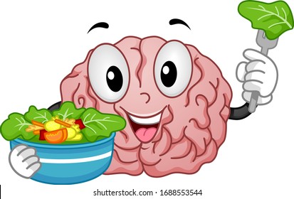 Illustration of a Brain Mascot Holding a Bowl of Salad and Eating It with Fork