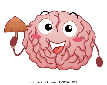 Illustration of a Brain Mascot Holding Magic Mushroom and Smiling