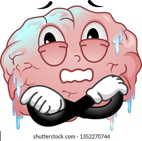 Illustration of a Brain Mascot with Ice Particles Hugging Itself and Freezing Cold