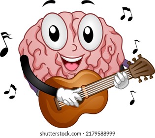 Illustration Of A Brain Mascot Playing The Guitar As Music Therapy